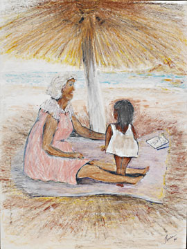 Girl at Beach with Her Abuela